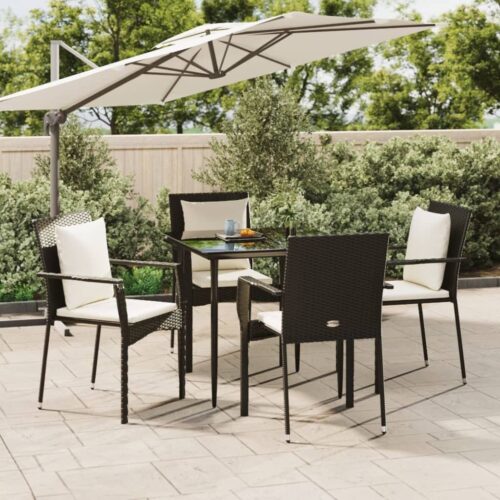 5-Piece Garden Dining Set with Cushions Black Poly Rattan - Image 2