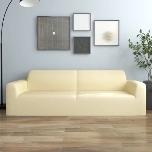 3-Seater Stretch Couch Slipcover Cream Polyester Jersey - Image 7