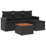 5-Piece Garden Sofa Set with Cushions Black Poly Rattan Wicker Outdoor Patio Furniture