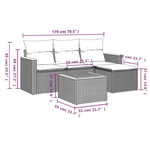 5-Piece Garden Sofa Set with Cushions Black Poly Rattan Wicker Outdoor Patio Furniture - Image 3