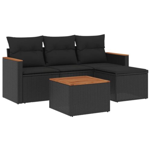5-Piece Garden Sofa Set with Cushions Black Poly Rattan Wicker Outdoor Patio Furniture - Image 5