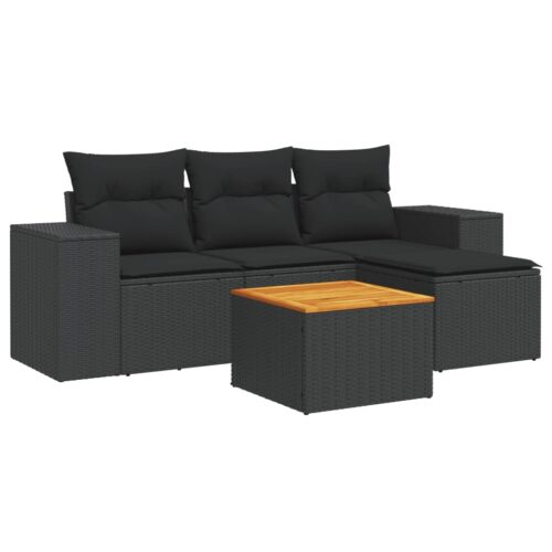5-Piece Garden Sofa Set with Cushions Black Poly Rattan Wicker Outdoor Patio Furniture