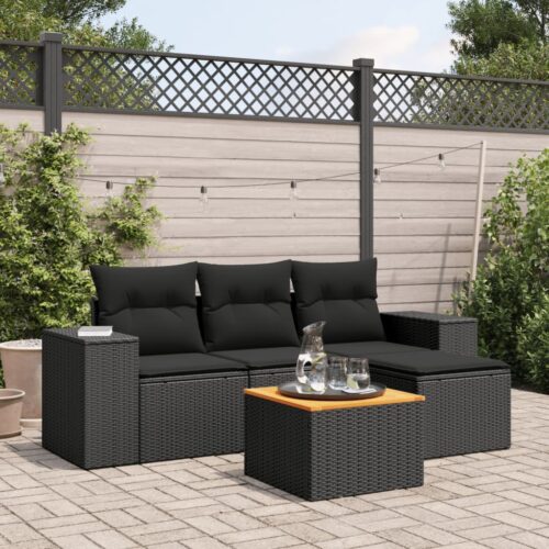 5-Piece Garden Sofa Set with Cushions Black Poly Rattan Wicker Outdoor Patio Furniture - Image 2