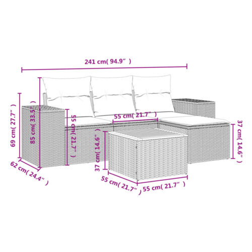 5-Piece Garden Sofa Set with Cushions Black Poly Rattan Wicker Outdoor Patio Furniture - Image 3