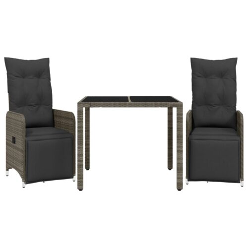 3-Piece Garden Bistro Set with Cushions Grey Poly Rattan Wicker Outdoor Patio Furniture