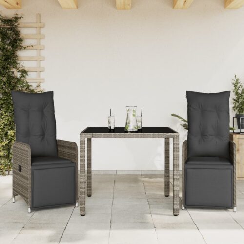 3-Piece Garden Bistro Set with Cushions Grey Poly Rattan Wicker Outdoor Patio Furniture - Image 2