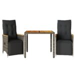 3-Piece Garden Bistro Set with Cushions Grey Poly Rattan Wicker Outdoor Patio Furniture