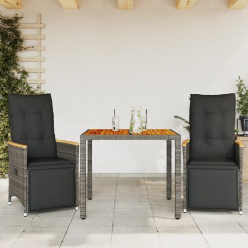 3-Piece Garden Bistro Set with Cushions Grey Poly Rattan Wicker Outdoor Patio Furniture - Image 2