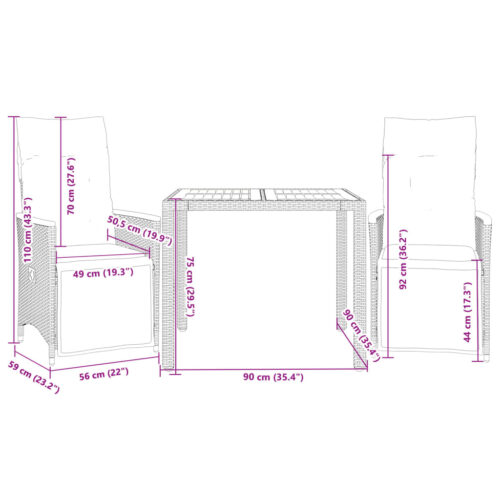 3-Piece Garden Bistro Set with Cushions Grey Poly Rattan Wicker Outdoor Patio Furniture - Image 7
