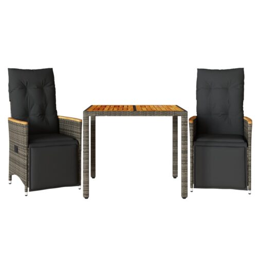 3-Piece Garden Bistro Set with Cushions Grey Poly Rattan Wicker Outdoor Patio Furniture - Image 11