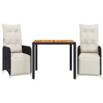 3-Piece Garden Bistro Set with Cushions Black Poly Rattan Wicker Outdoor Patio Furniture