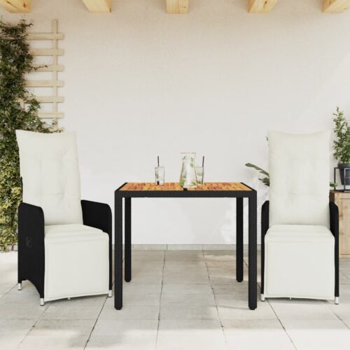 3-Piece Garden Bistro Set with Cushions Black Poly Rattan Wicker Outdoor Patio Furniture - Image 2