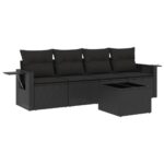 5-Piece Garden Sofa Set with Cushions Black Poly Rattan Wicker Outdoor Patio Furniture