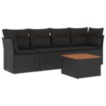 5-Piece Garden Sofa Set with Cushions Black Poly Rattan Wicker Outdoor Patio Furniture