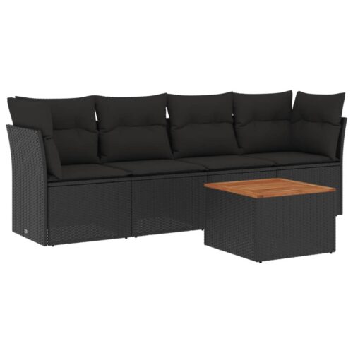 5-Piece Garden Sofa Set with Cushions Black Poly Rattan Wicker Outdoor Patio Furniture