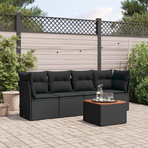 5-Piece Garden Sofa Set with Cushions Black Poly Rattan Wicker Outdoor Patio Furniture - Image 2