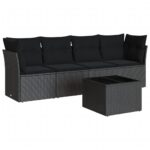 5-Piece Garden Sofa Set with Cushions Black Poly Rattan Wicker Outdoor Patio Furniture