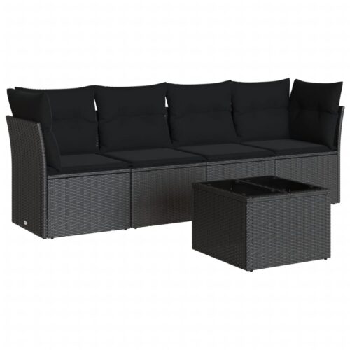 5-Piece Garden Sofa Set with Cushions Black Poly Rattan Wicker Outdoor Patio Furniture