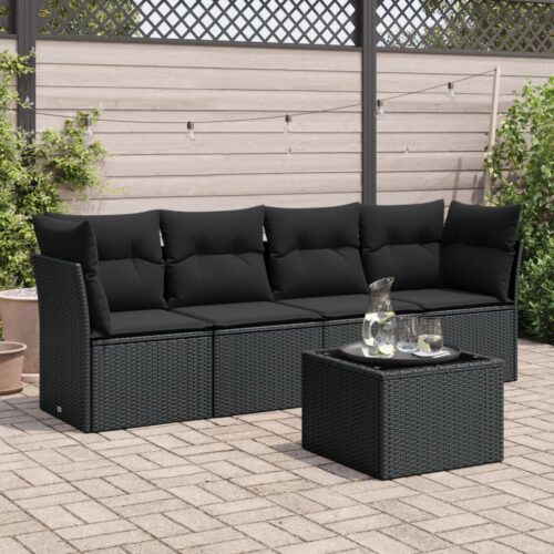 5-Piece Garden Sofa Set with Cushions Black Poly Rattan Wicker Outdoor Patio Furniture - Image 2
