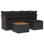5-Piece Garden Sofa Set with Cushions Black Poly Rattan Wicker Outdoor Patio Furniture