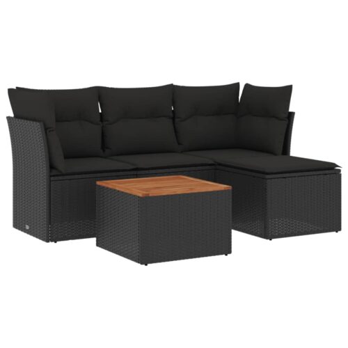 5-Piece Garden Sofa Set with Cushions Black Poly Rattan Wicker Outdoor Patio Furniture