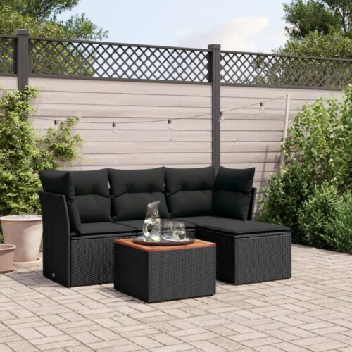 5-Piece Garden Sofa Set with Cushions Black Poly Rattan Wicker Outdoor Patio Furniture - Image 2