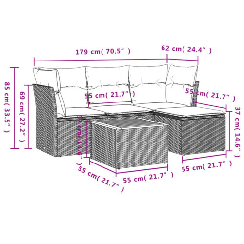 5-Piece Garden Sofa Set with Cushions Black Poly Rattan Wicker Outdoor Patio Furniture - Image 11