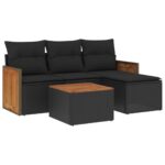 5-Piece Garden Sofa Set with Cushions Black Poly Rattan Wicker Outdoor Patio Furniture