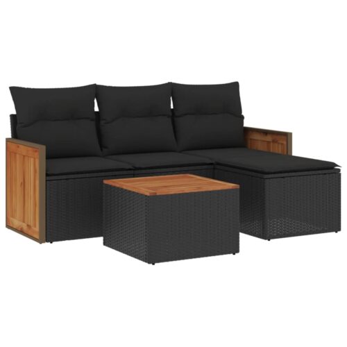 5-Piece Garden Sofa Set with Cushions Black Poly Rattan Wicker Outdoor Patio Furniture