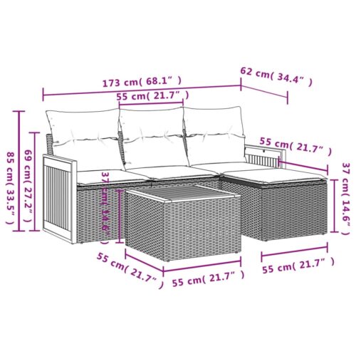 5-Piece Garden Sofa Set with Cushions Black Poly Rattan Wicker Outdoor Patio Furniture - Image 3