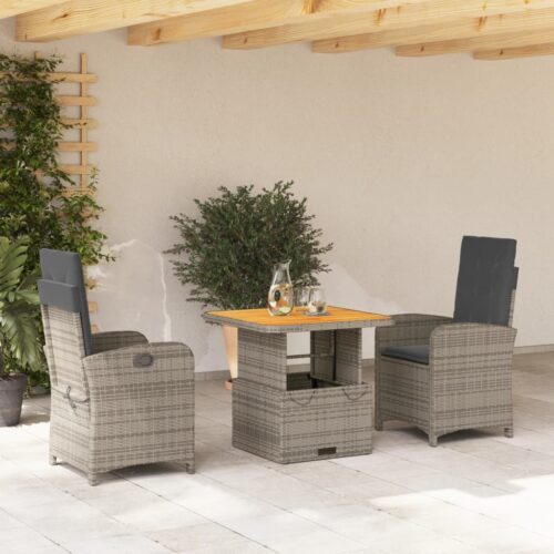 3-Piece Garden Dining Set with Cushions Grey Poly Rattan Wicker Outdoor Patio Furniture - Image 2