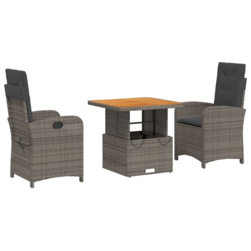 3-Piece Garden Dining Set with Cushions Grey Poly Rattan Wicker Outdoor Patio Furniture - Image 13