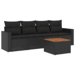 5-Piece Garden Sofa Set with Cushions Black Poly Rattan Wicker Outdoor Patio Furniture