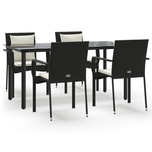 5-Piece Garden Dining Set with Cushions Black Poly Rattan