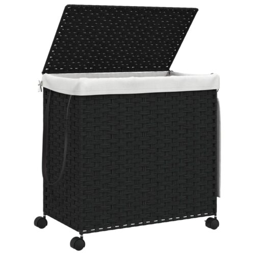 Laundry Basket with Wheels Black 60x35x60.5cm Rattan - Image 4