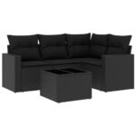 5-Piece Garden Sofa Set with Cushions Black Poly Rattan Wicker Outdoor Patio Furniture
