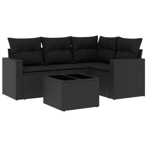 5-Piece Garden Sofa Set with Cushions Black Poly Rattan Wicker Outdoor Patio Furniture