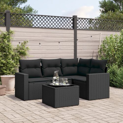5-Piece Garden Sofa Set with Cushions Black Poly Rattan Wicker Outdoor Patio Furniture - Image 2