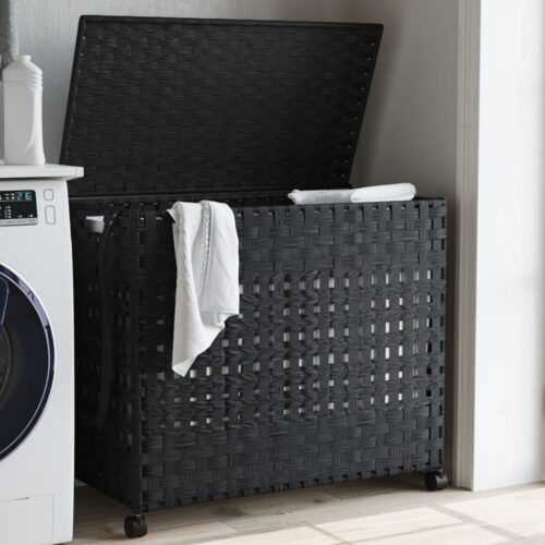 Laundry Basket with Wheels Black 66x35x60cm Rattan - Image 11