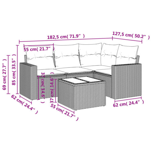 5-Piece Garden Sofa Set with Cushions Black Poly Rattan Wicker Outdoor Patio Furniture - Image 8