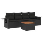 5-Piece Garden Sofa Set with Cushions Black Poly Rattan Wicker Outdoor Patio Furniture