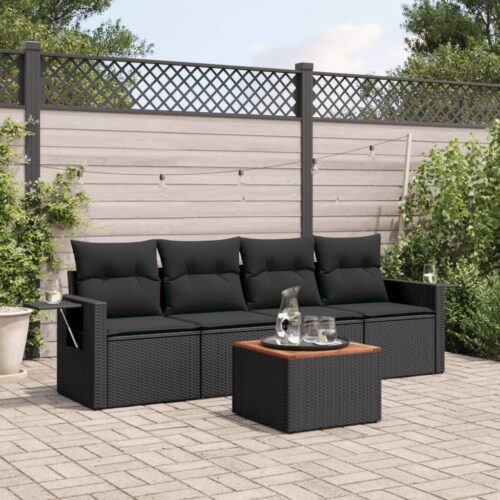 5-Piece Garden Sofa Set with Cushions Black Poly Rattan Wicker Outdoor Patio Furniture - Image 2