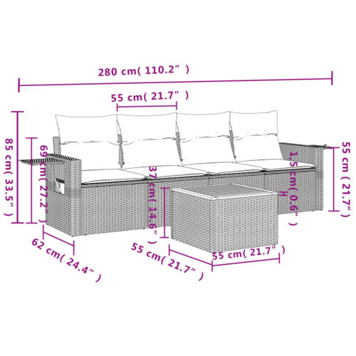 5-Piece Garden Sofa Set with Cushions Black Poly Rattan Wicker Outdoor Patio Furniture - Image 3