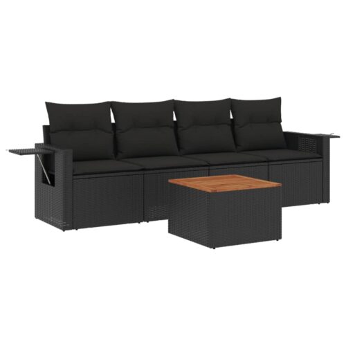 5-Piece Garden Sofa Set with Cushions Black Poly Rattan Wicker Outdoor Patio Furniture - Image 5