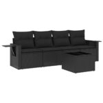 5-Piece Garden Sofa Set with Cushions Black Poly Rattan Wicker Outdoor Patio Furniture