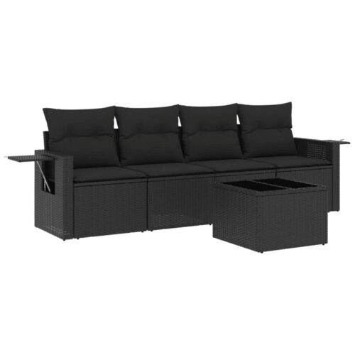 5-Piece Garden Sofa Set with Cushions Black Poly Rattan Wicker Outdoor Patio Furniture