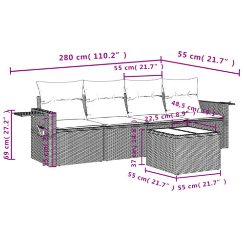 5-Piece Garden Sofa Set with Cushions Black Poly Rattan Wicker Outdoor Patio Furniture - Image 3