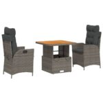 3-Piece Garden Dining Set with Cushions Grey Poly Rattan Wicker Outdoor Patio Furniture