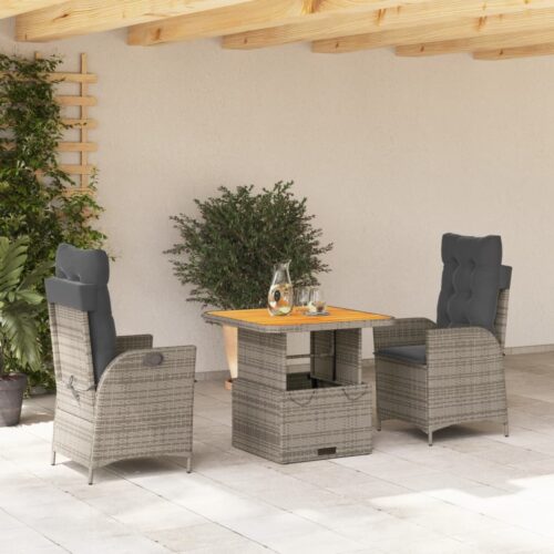 3-Piece Garden Dining Set with Cushions Grey Poly Rattan Wicker Outdoor Patio Furniture - Image 2