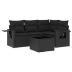 5-Piece Garden Sofa Set with Cushions Black Poly Rattan Wicker Outdoor Patio Furniture